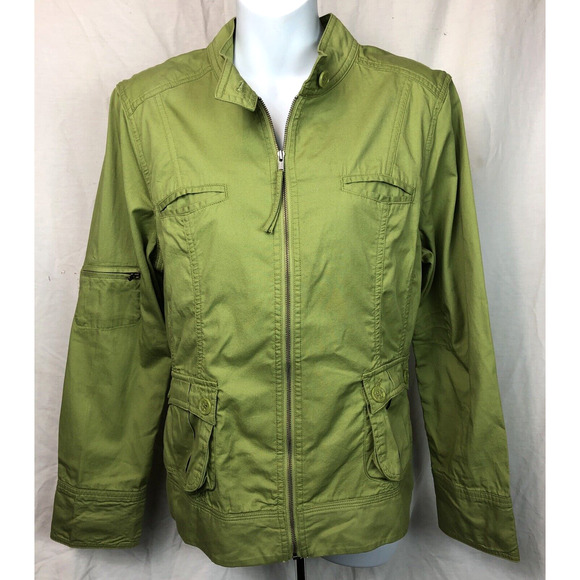 Christopher Banks Cafe Racer Light Jacket L Green Zip Up Pockets Miltary Pop Y2K - Picture 1 of 5